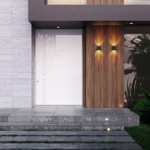 vista de um acesso residencial com diferentes texturas em pedra,