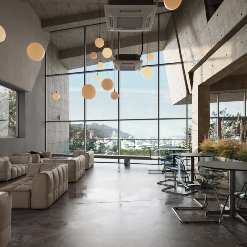 interior de um café comercial com mesas e sofás com design de interior minimalista