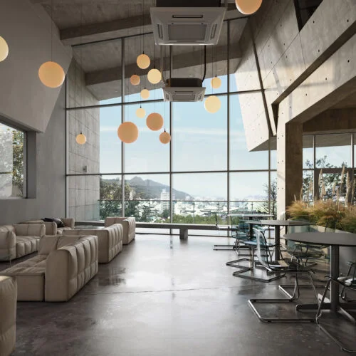 interior de um café comercial com mesas e sofás com design de interior minimalista