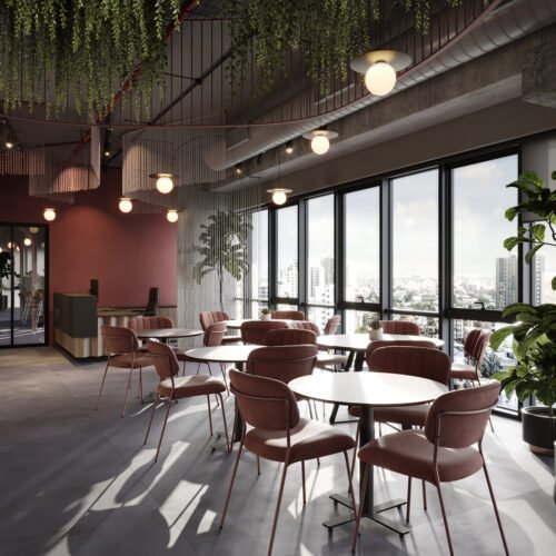 interior de um café comercial em um edifício com vista para uma cidade com detalhe de vegetações pendentes no teto e design de interiores em tons de rosa"