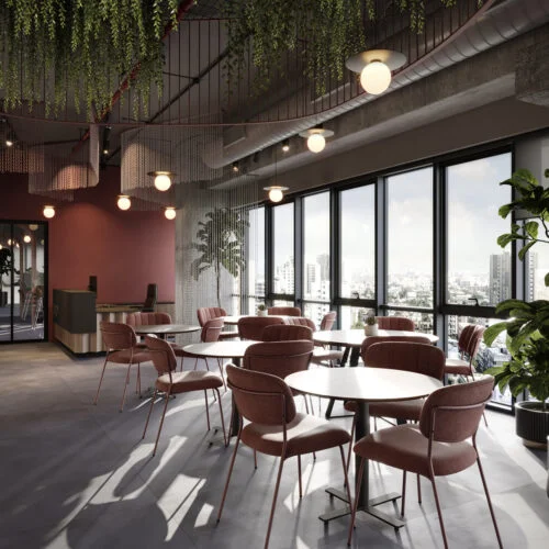 interior de um café comercial em um edifício com vista para uma cidade com detalhe de vegetações pendentes no teto e design de interiores em tons de rosa"
