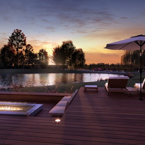 render de um deck ao por do sol, com fogo de chão e espreguiçadeiras, com paisagismo de pinheiros e chorão.