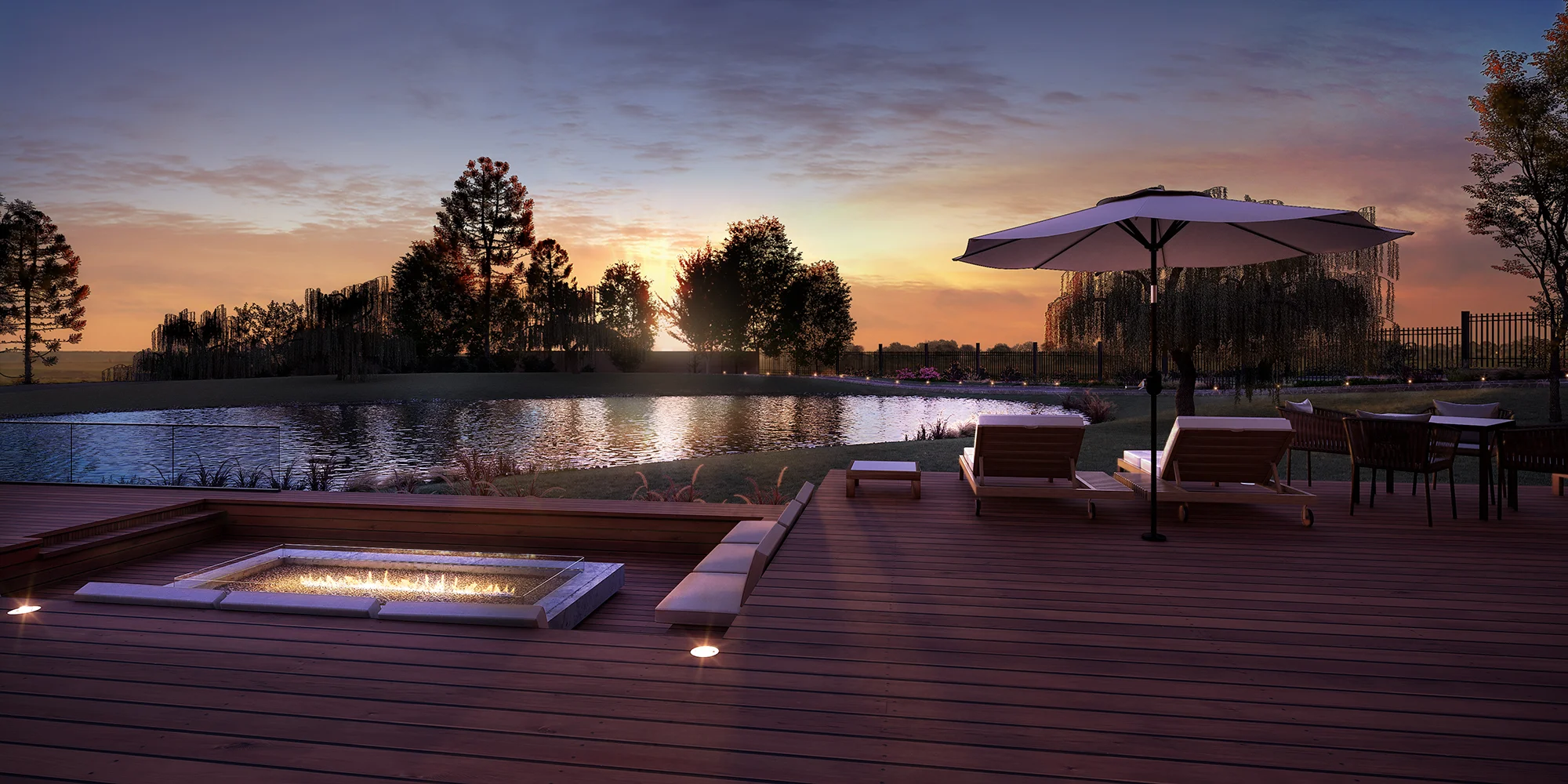 render de um deck ao por do sol, com fogo de chão e espreguiçadeiras, com paisagismo de pinheiros e chorão.