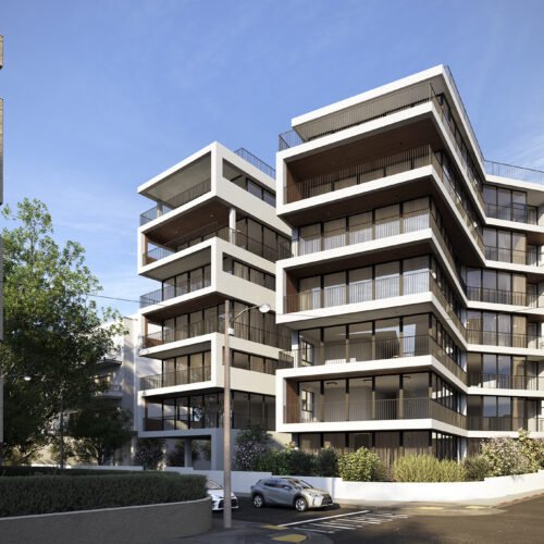 construção residencial de sete andares de arquitetura moderna com varandas e guarda corpo metálico e janelas de vidro