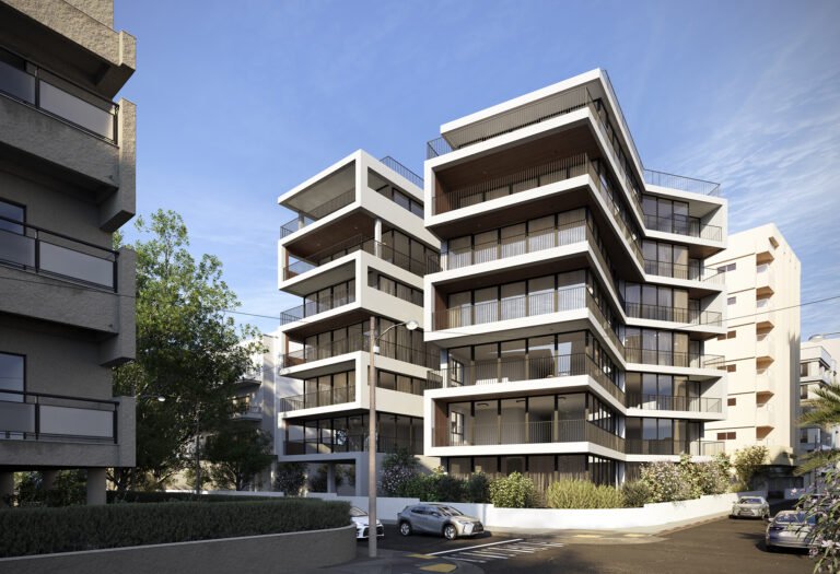 construção residencial de sete andares de arquitetura moderna com varandas e guarda corpo metálico e janelas de vidro