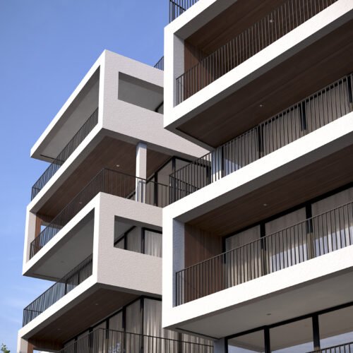 prédio residencial de sete andares de arquitetura moderna com varandas e guarda corpo metálico e janelas de vidro em vista aerea