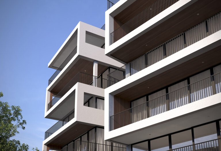 prédio residencial de sete andares de arquitetura moderna com varandas e guarda corpo metálico e janelas de vidro em vista aerea