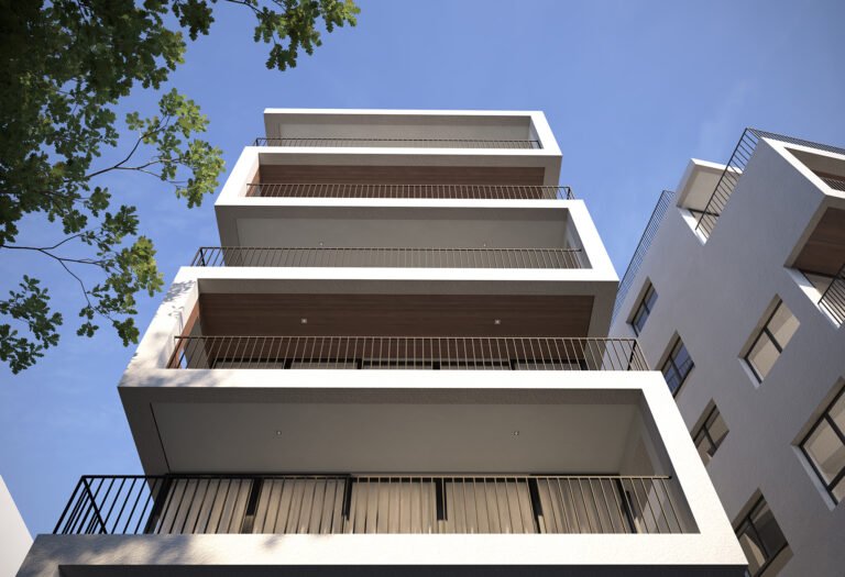 prédio residencial de sete andares de arquitetura moderna com varandas e guarda corpo metálico e janelas de vidro visto da calçada