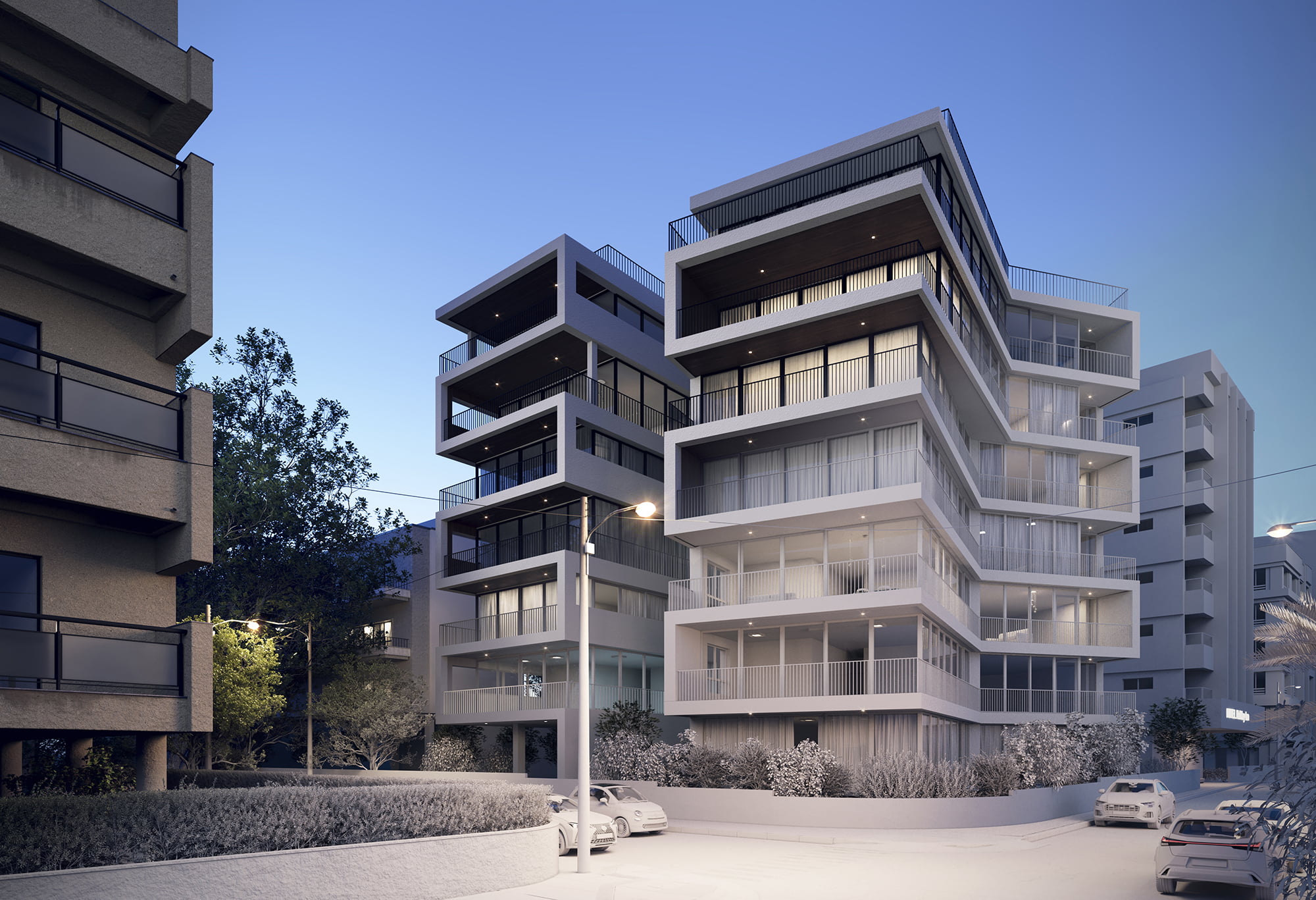 arte gráfica de um prédio residencial de sete andares de arquitetura moderna com varandas e guarda corpo metálico e janelas de vidro