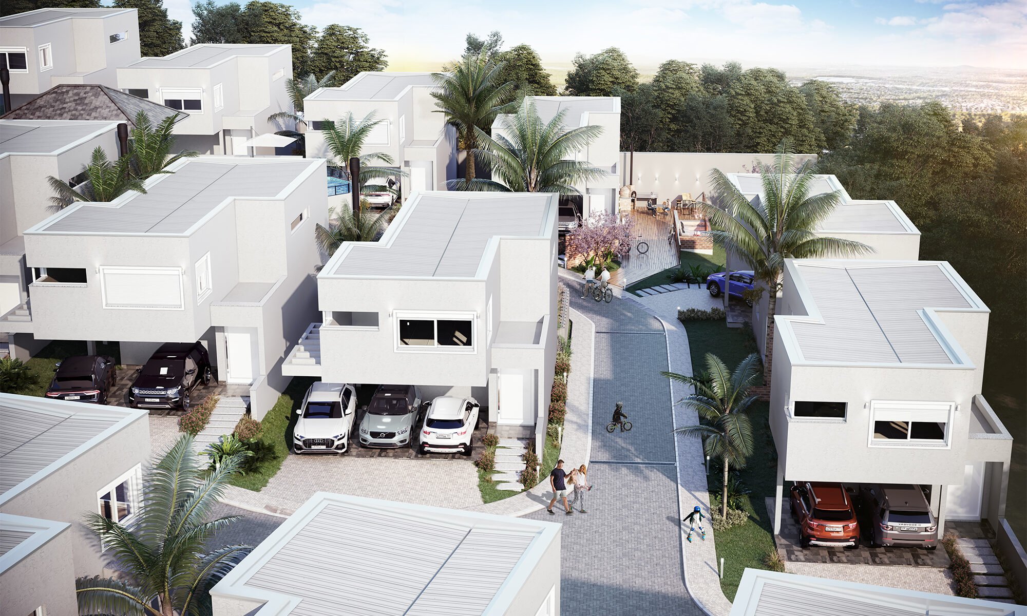 vista aérea de um condominio de sobrados individuais de arquitetura moderna na cor gelo sendo todos iguais, com estacionamento aberto e coberto, ruas em bloquete de concreto com pessoas circulando