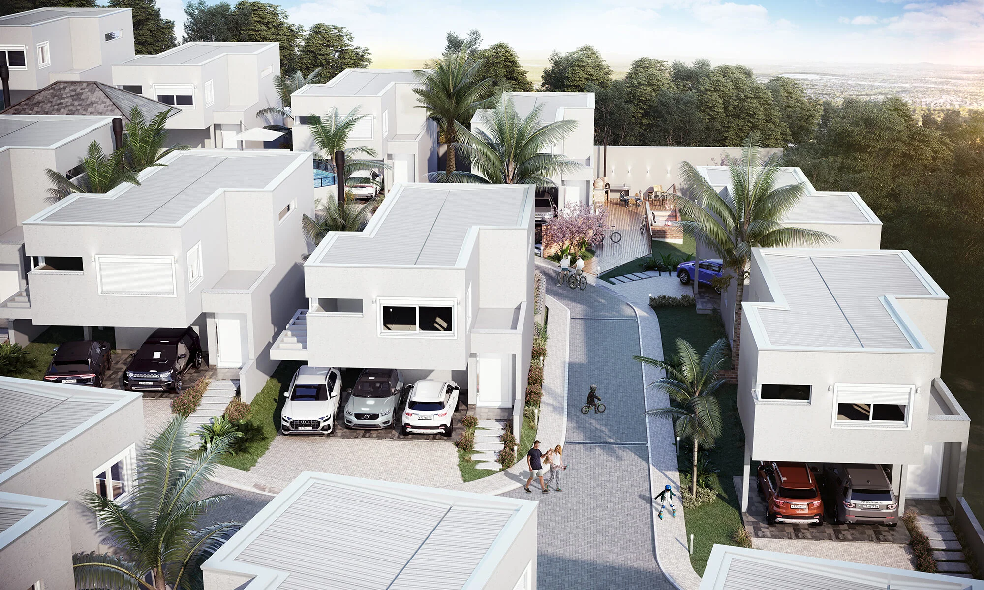 vista aérea de um condominio de sobrados individuais de arquitetura moderna na cor gelo sendo todos iguais, com estacionamento aberto e coberto, ruas em bloquete de concreto com pessoas circulando