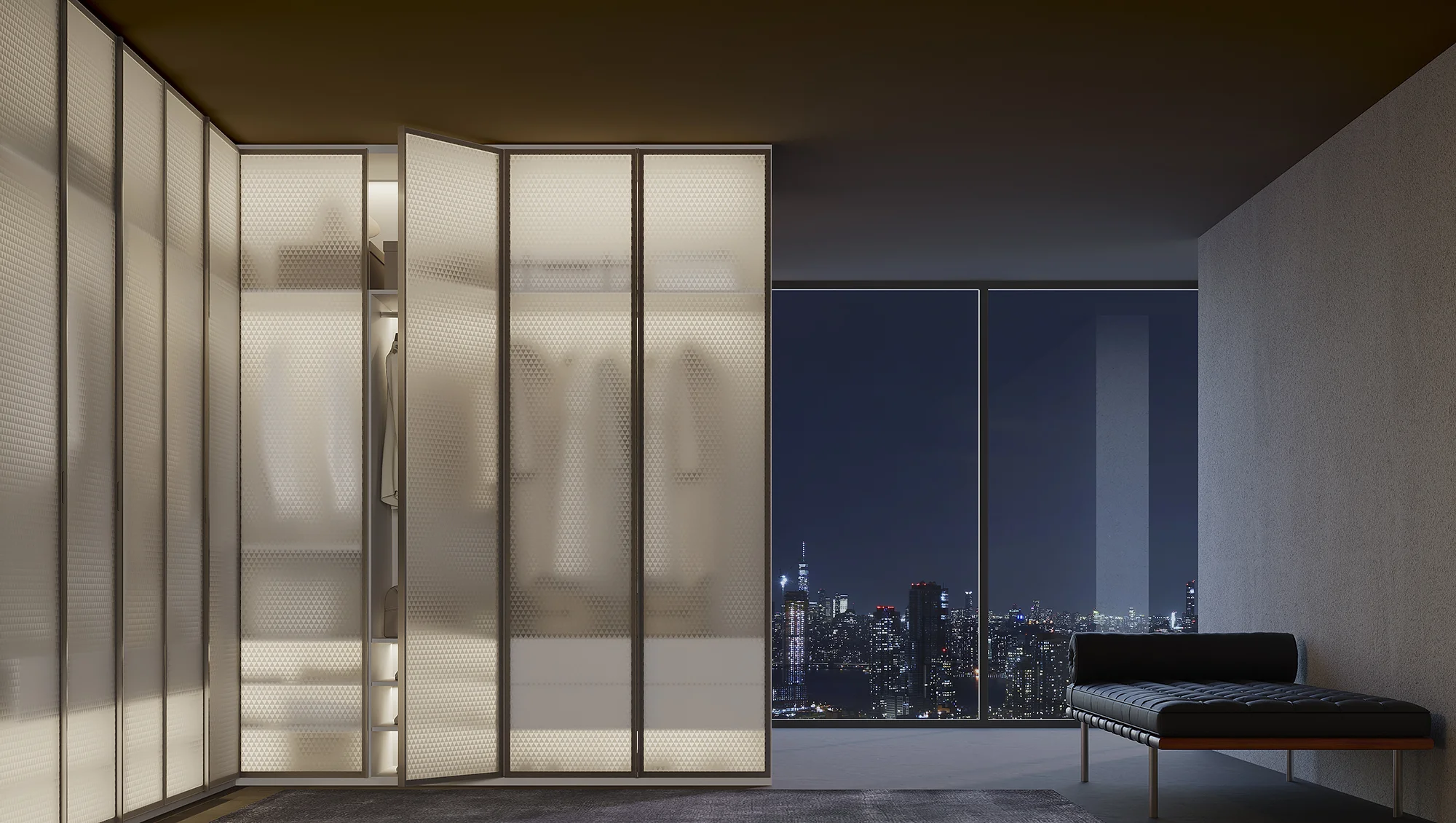 closet com roupeiro iluminado e portas em vidro acidato com grafismo da cinex