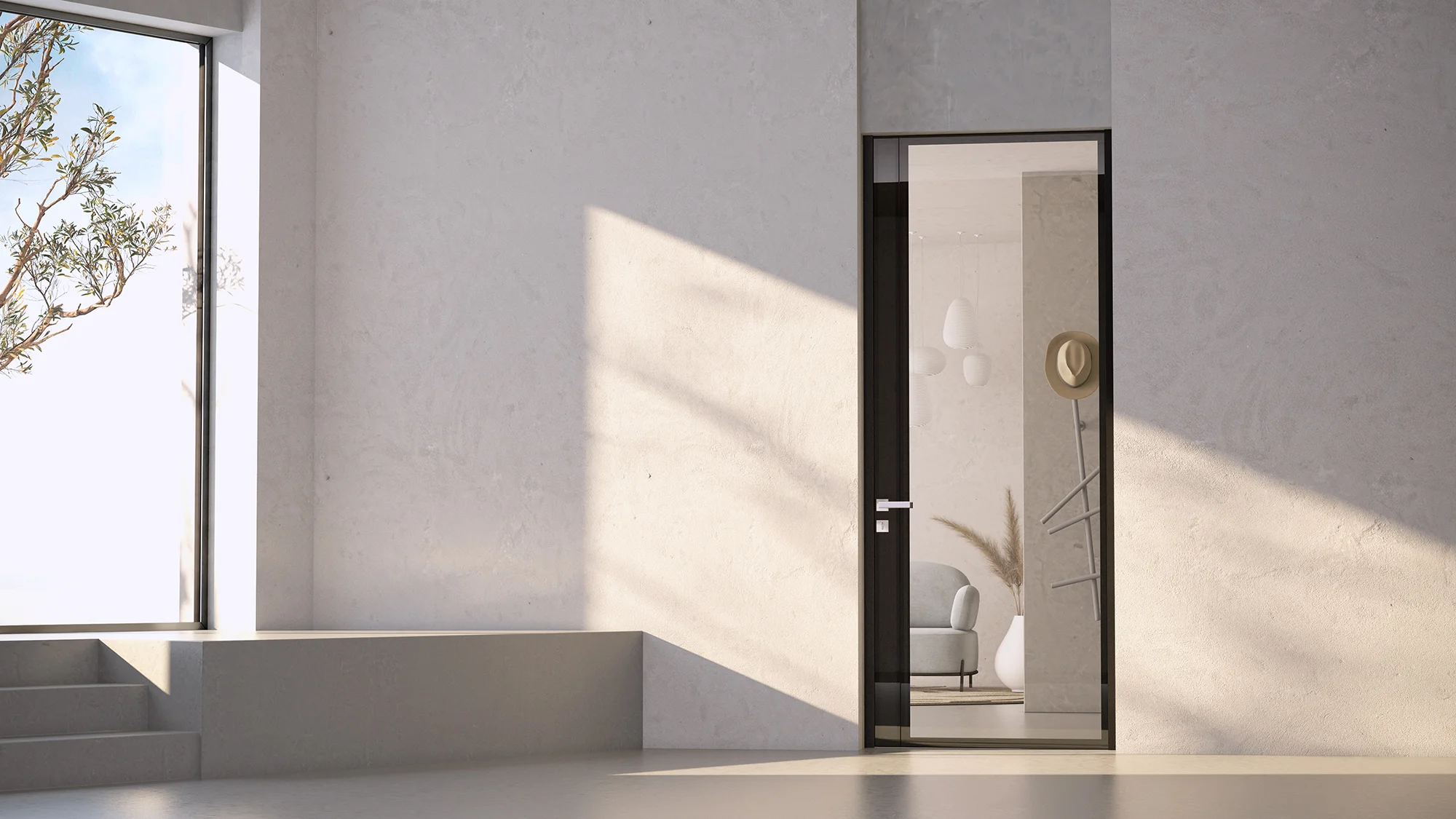 porta de acesso com estrutura preta e vidro para uma sala