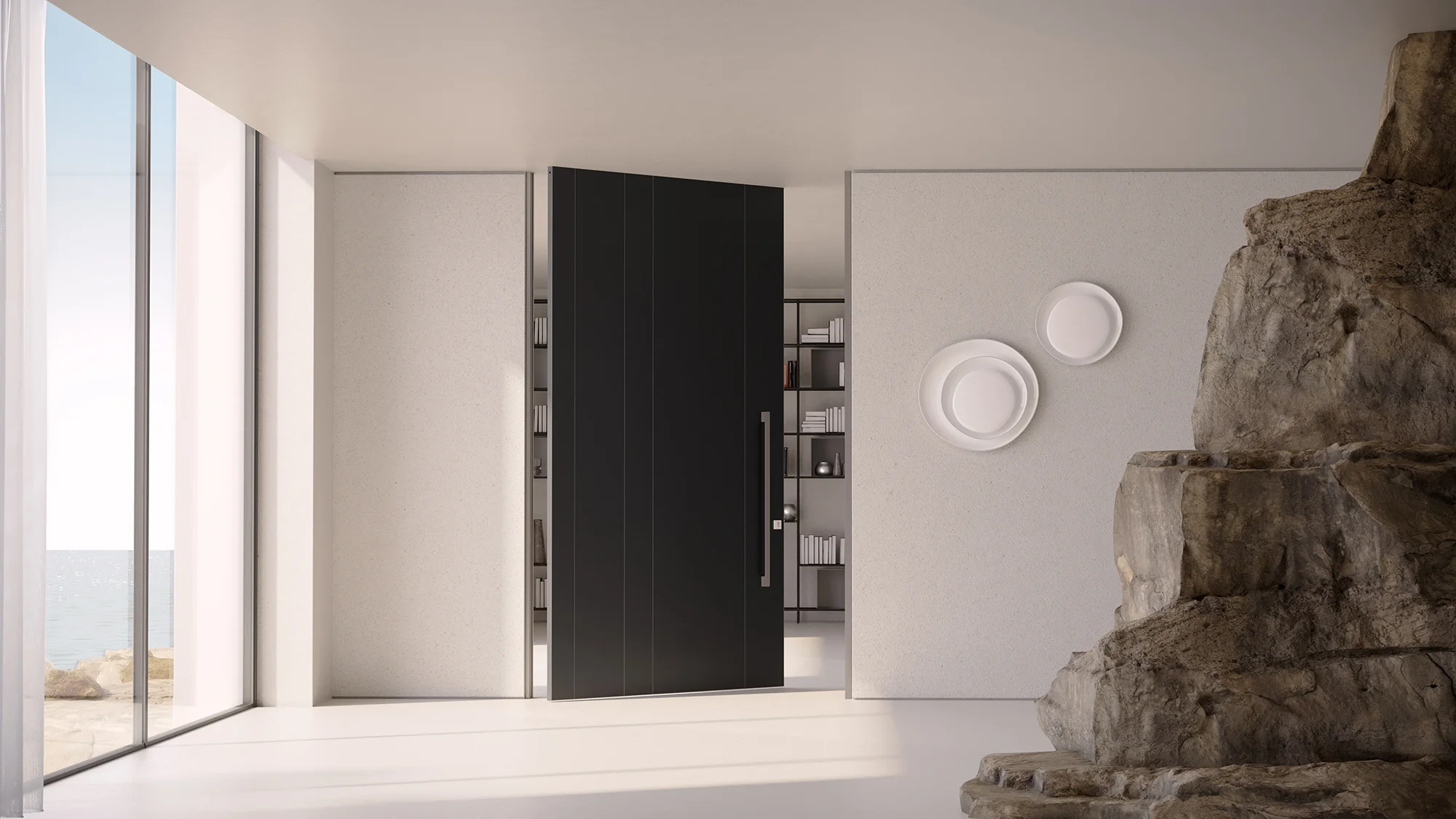 iagem de uma porta preta em uma sala com uma grande pedra natural em primeiro plano
