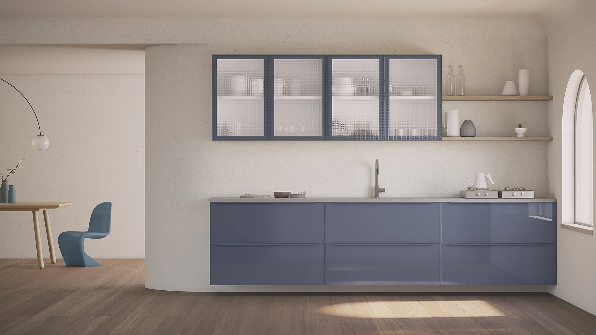 cozinha minimalista em tons de bege e azul