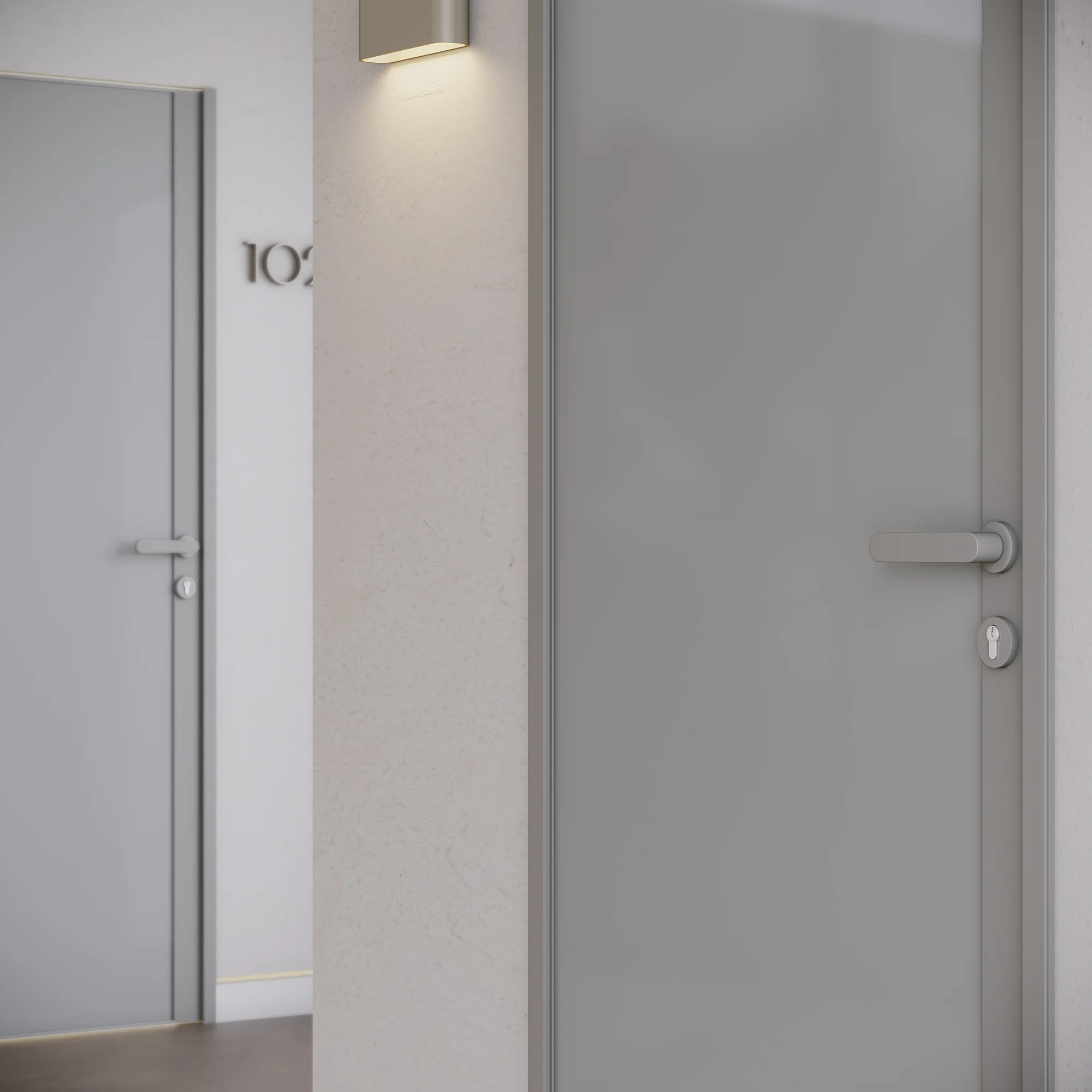 zoom de uma porta em estrutura cinza com fechamento em vidro cinza