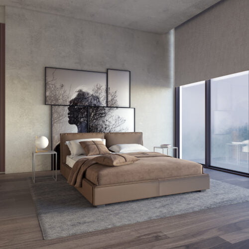 quarto minimalista com arte em quadros como cabeceira
