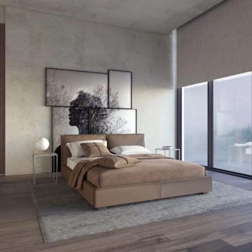 quarto minimalista com arte em quadros como cabeceira