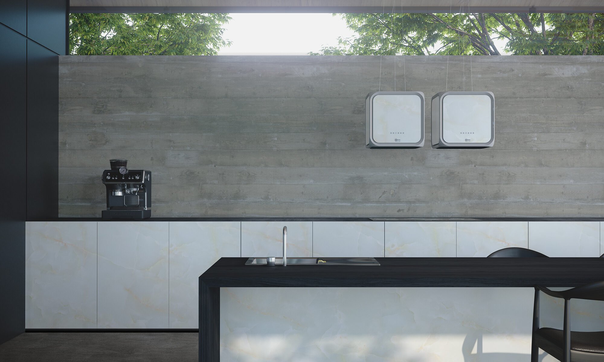 cozinha com ilha central em revestimento claro com padrão de pedra e tamponamentos pretos, ambiente em concreto