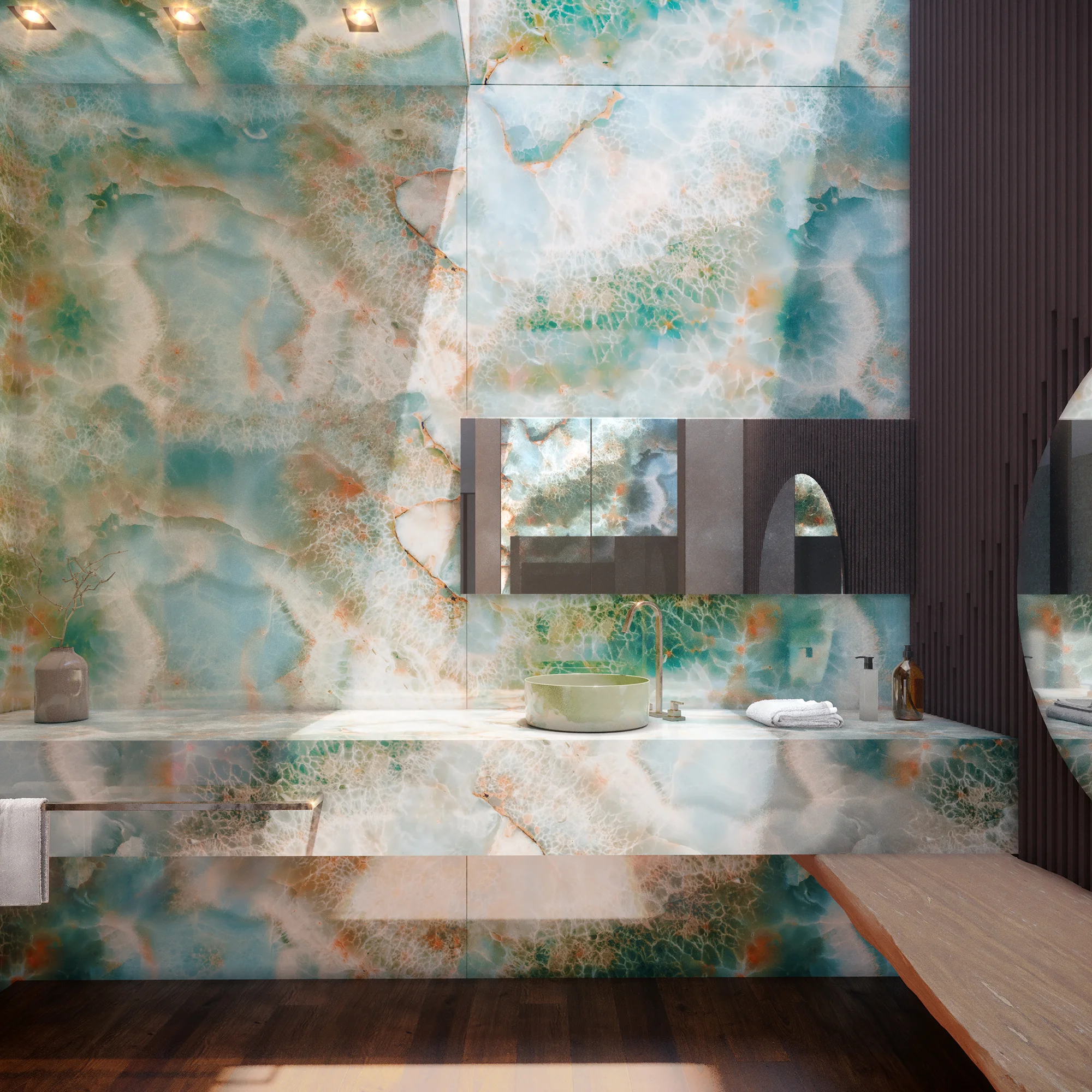 lavabo com bancada e revestimento da parede em padrão de uma pedra em tons de azu, branco, verde e laranja
