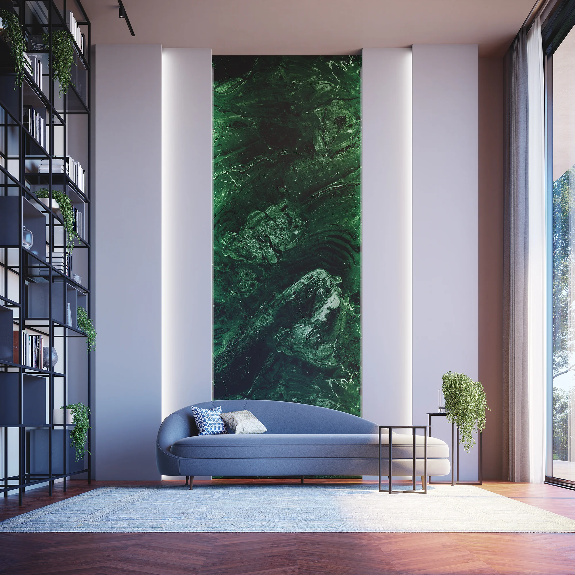 sala clássica com uma grande estante cinza e preta, um sofá cinza e com um revestimento em pedra verde na parede dos fundos