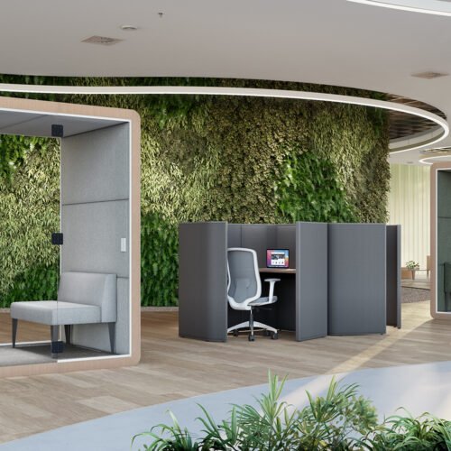coworking biofilico com cabines acústicas marelli