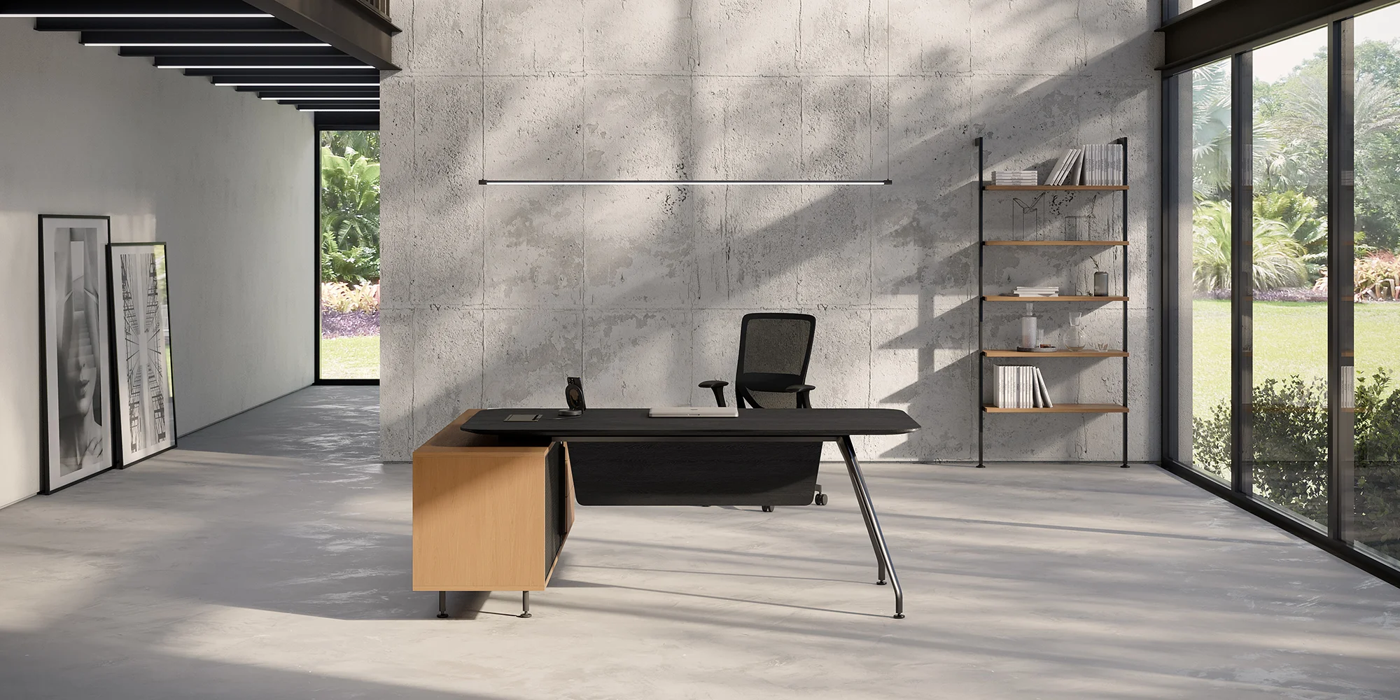 sala em concreto aparente com mesa de trabalho preta e com armário lateral e estante ao fundo, produtos marelli