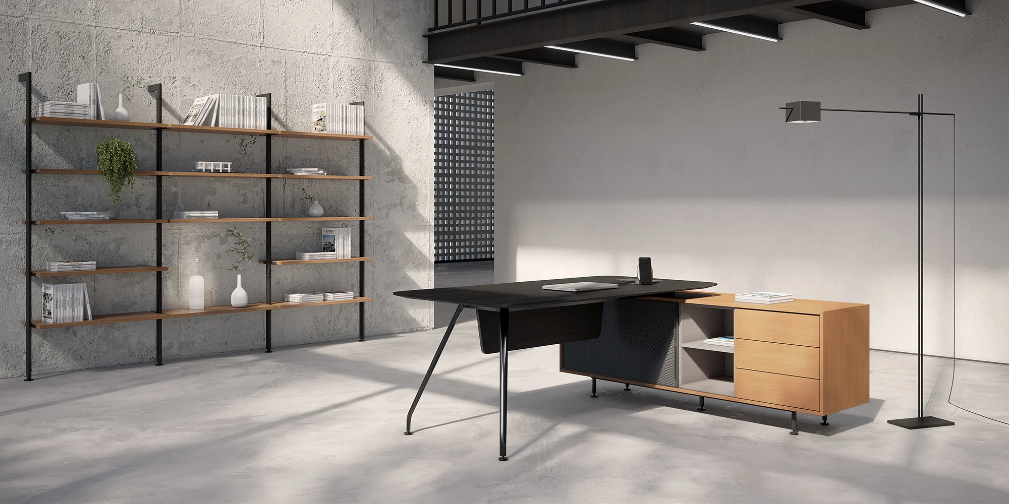 sala em concreto aparente com mesa de trabalho preta e com armário lateral e estante ao fundo, produtos marelli