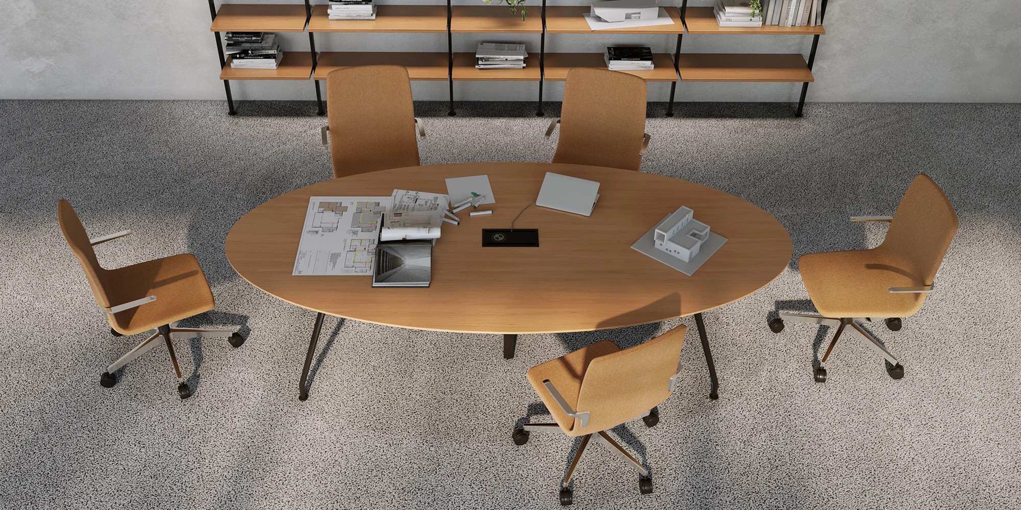 vista superior de uma mesa de reunião com materiais de arquitetura