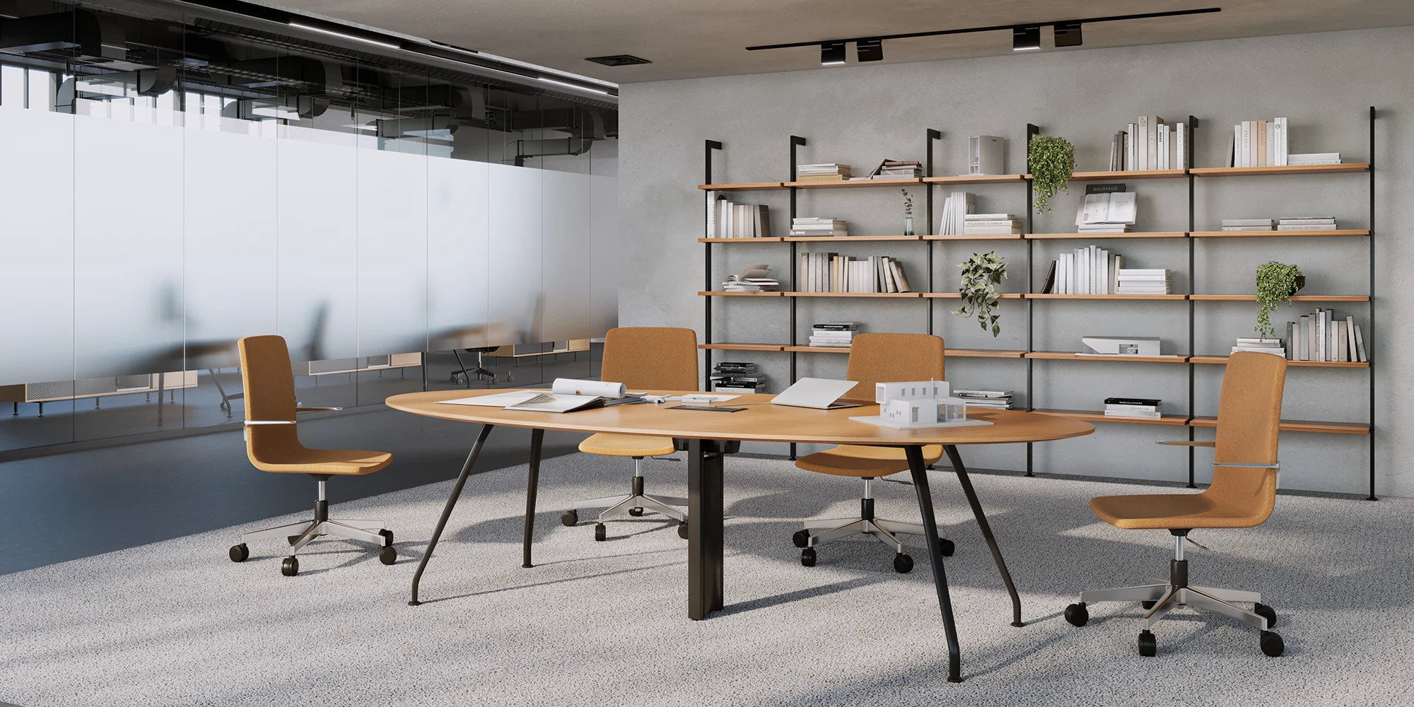 espaço de reunião aberto com mesa oval da Marelli