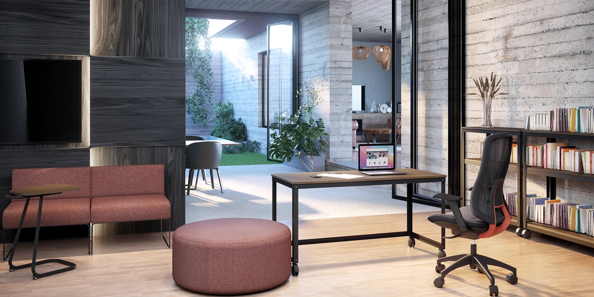 render de escritorio home office com mesas, estantes, estofados e cadeiras da marelli, em tons predominantes de cinza, terracota e amadeirado claro