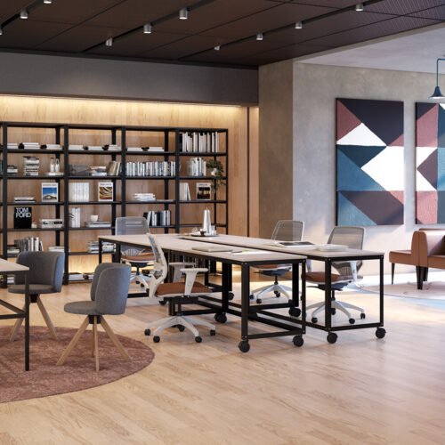 coworking com ilha em mesa moveis e cadeiras, sofas e mesa gerencial marelli em tons predominantes em terracota e amadeirado claro