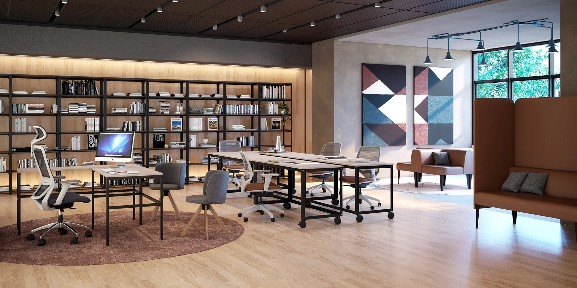 coworking com ilha em mesa moveis e cadeiras, sofas e mesa gerencial marelli em tons predominantes em terracota e amadeirado claro