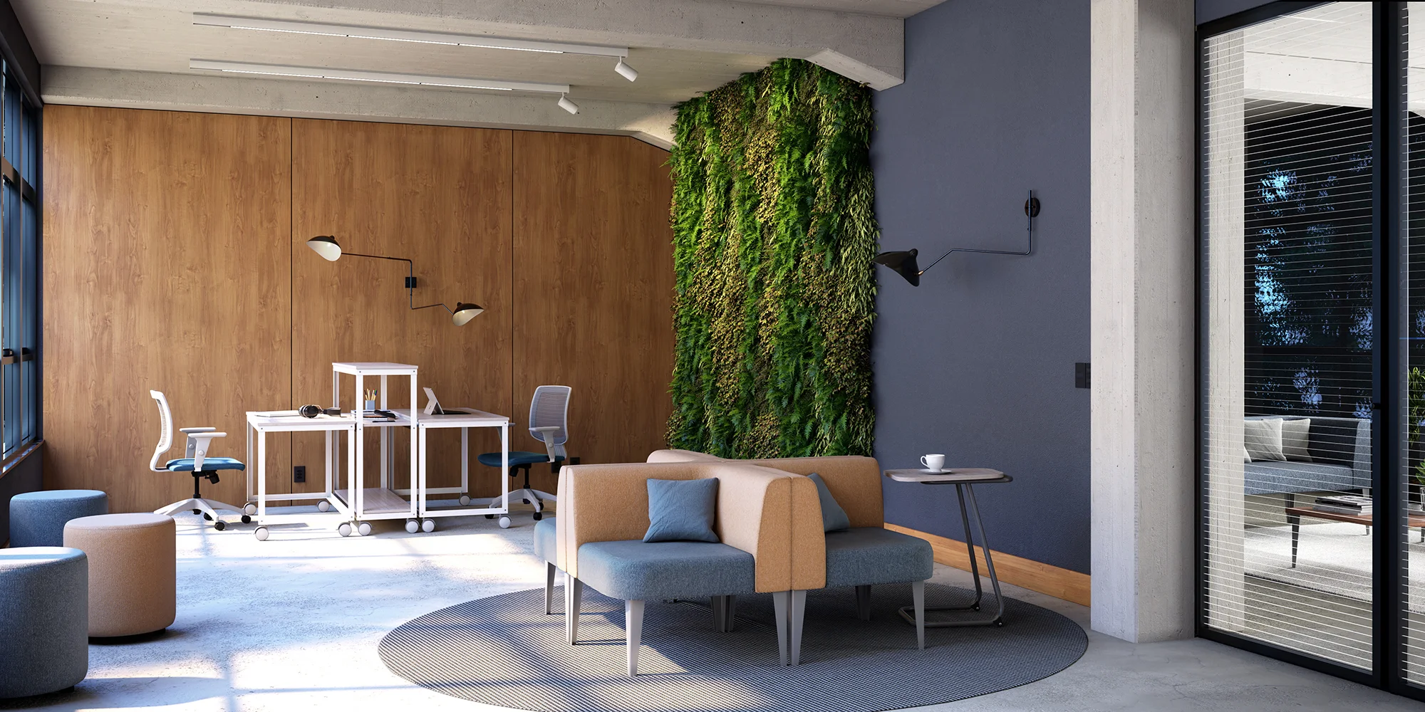 escritório com jardim vertical, ilha em mesas moveis e cadeiras, com sofas e puffs, produtos da marelli, em tons predominantes de azul, cinza, madeirado