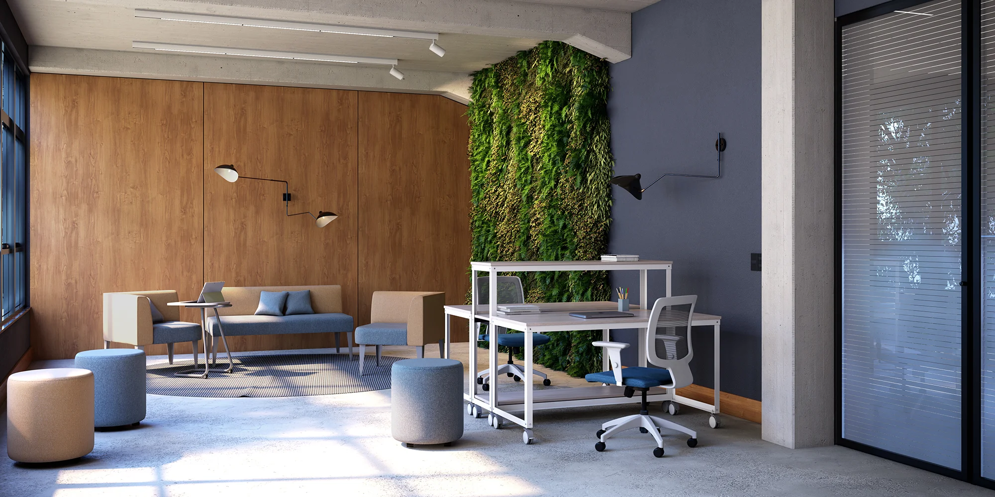 escritório com jardim vertical, ilha em mesas moveis e cadeiras, com sofas e puffs, produtos da marelli, em tons predominantes de azul, cinza, madeirado