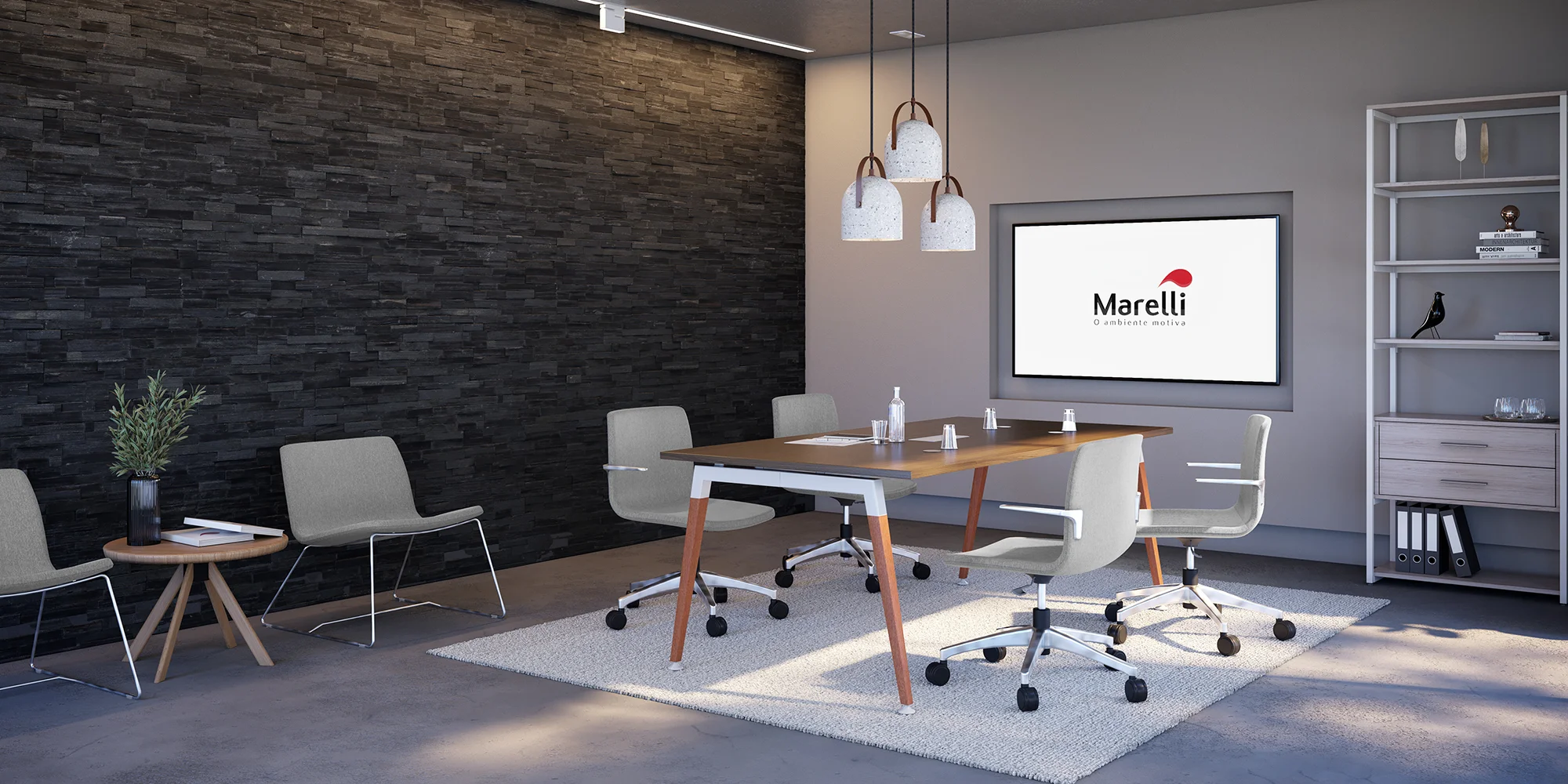 sala de reuniões com mesa e cadeiras da marelli em tons predominantes de cinza e preto