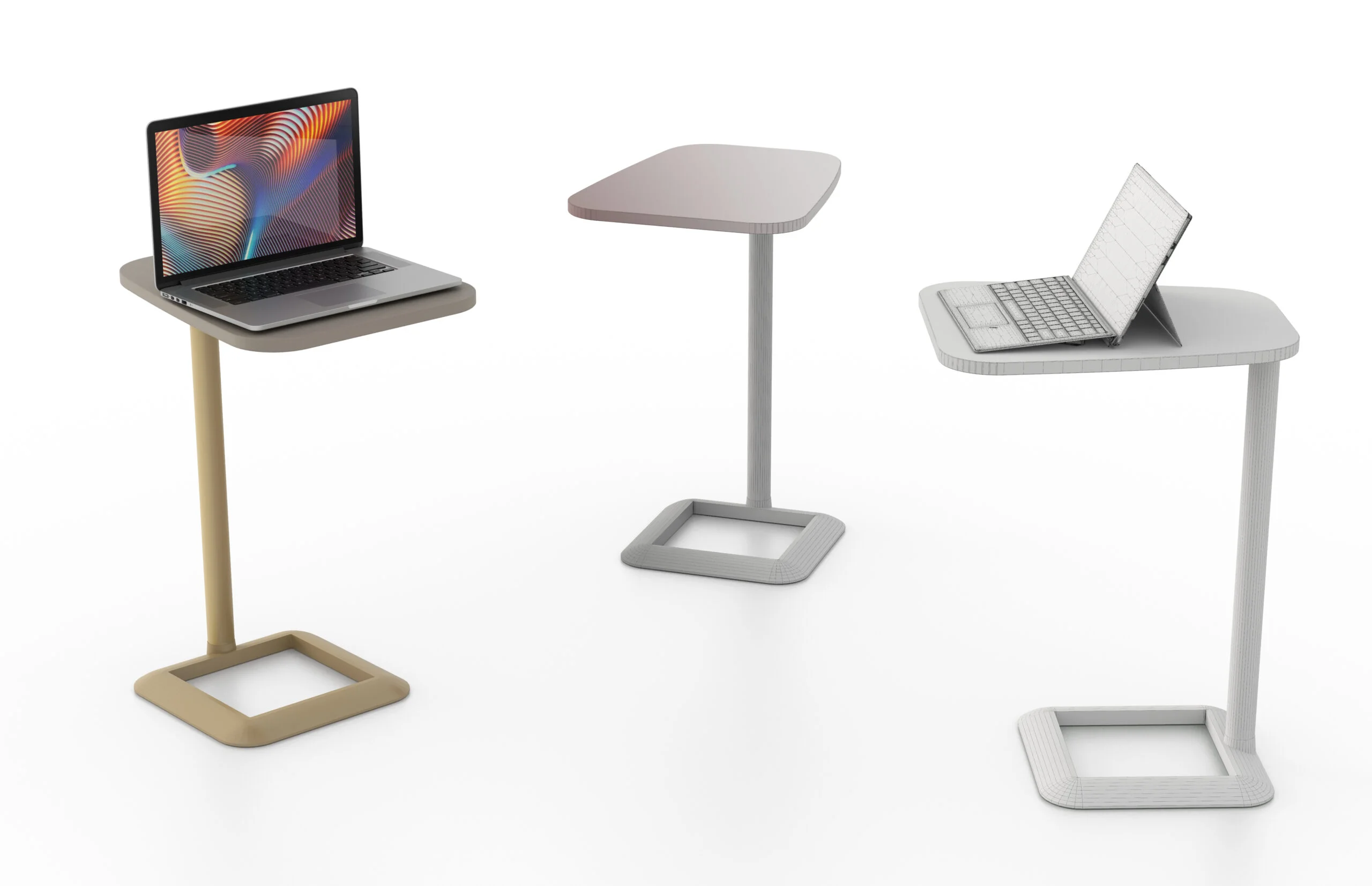 três mesa para notebook render em estúdio fotográfico