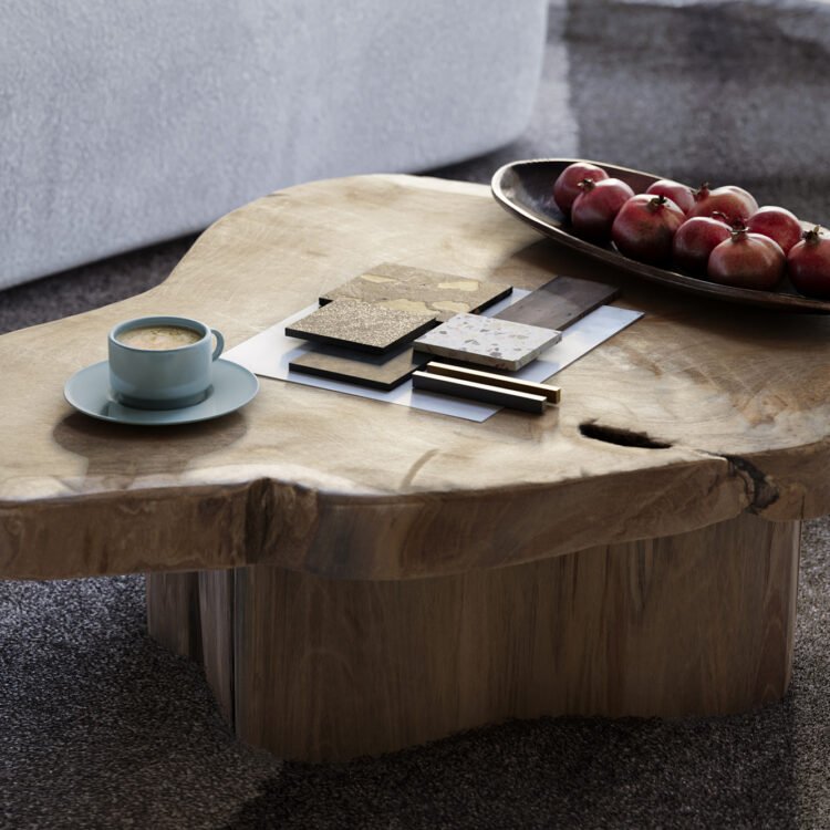mesa de madeira em tronco bruto de forma organiza com café e materiais dispostos sobre ela