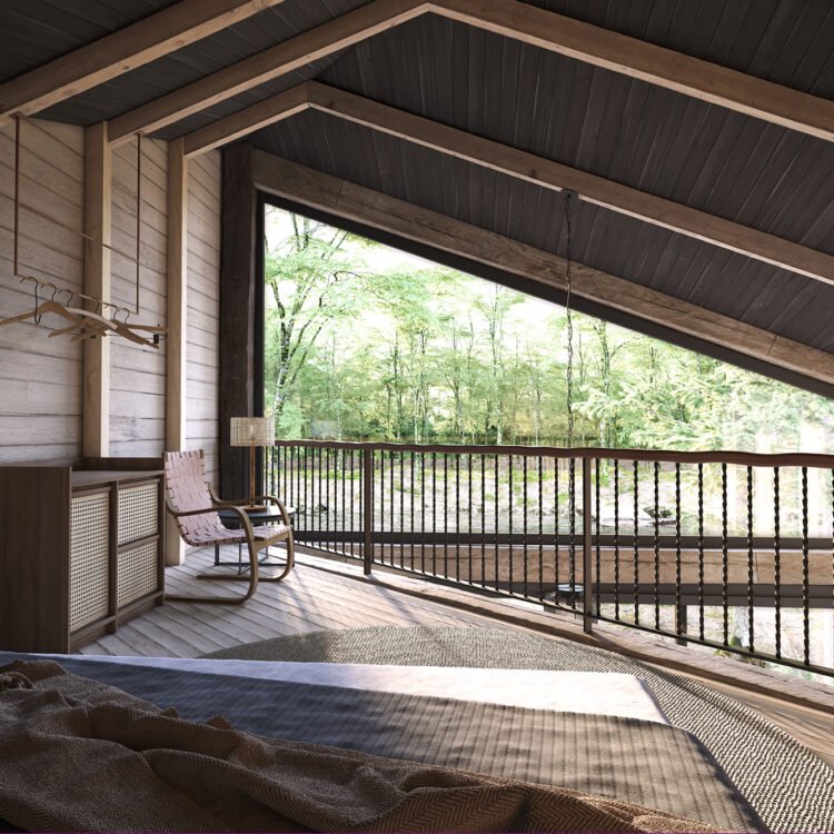 vista de uma quarto no mezanino de uma cabana em estilo rustico com vista para um floresta