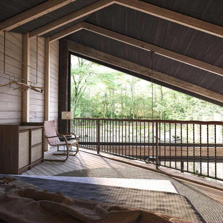 vista de uma quarto no mezanino de uma cabana em estilo rustico com vista para um floresta