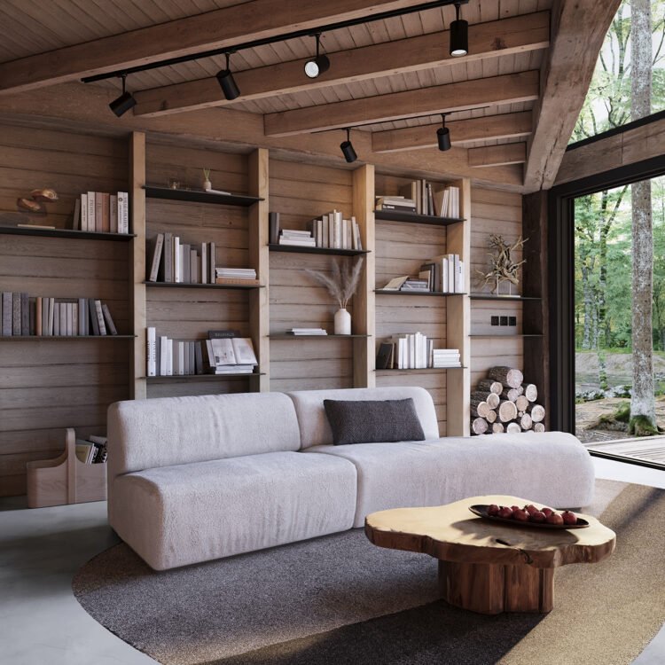 sala de estar em estilo rustico com prateleira e livros atrás de um sofé branco
