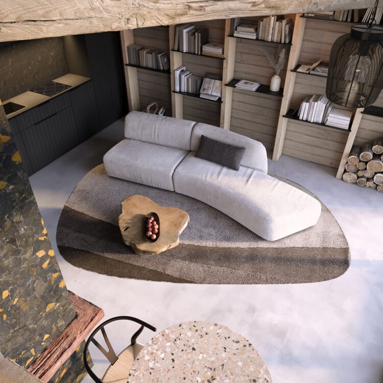 sala rustica renderizada da escada em vista de cima