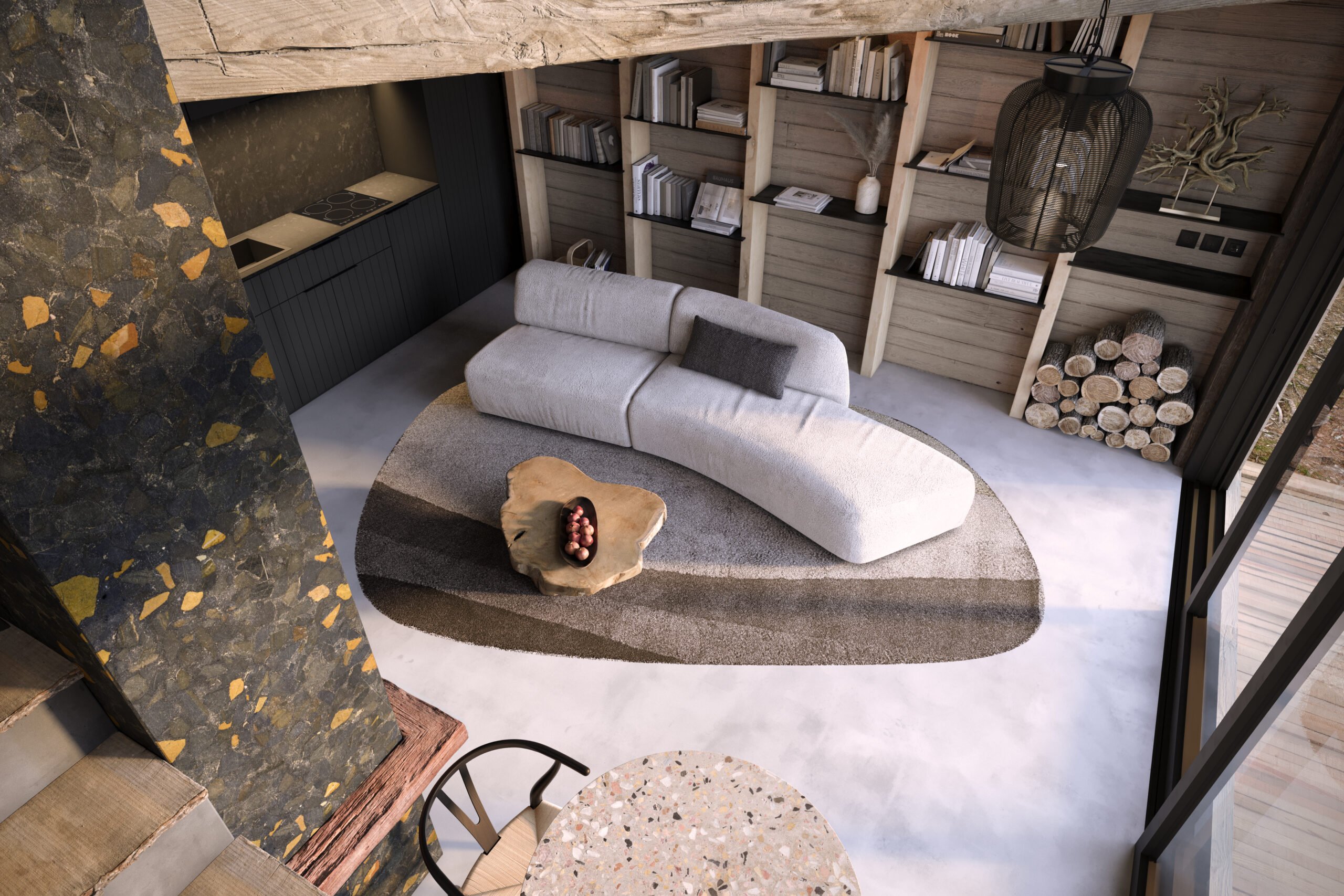 sala em estilo rústico renderizada da escada em vista de cima